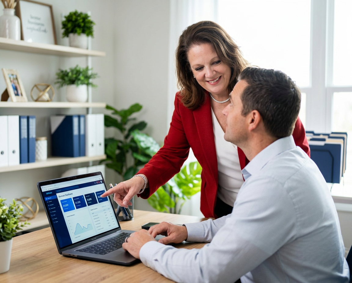Sandy, founder of KMI Creations, helping a business owner at his computer