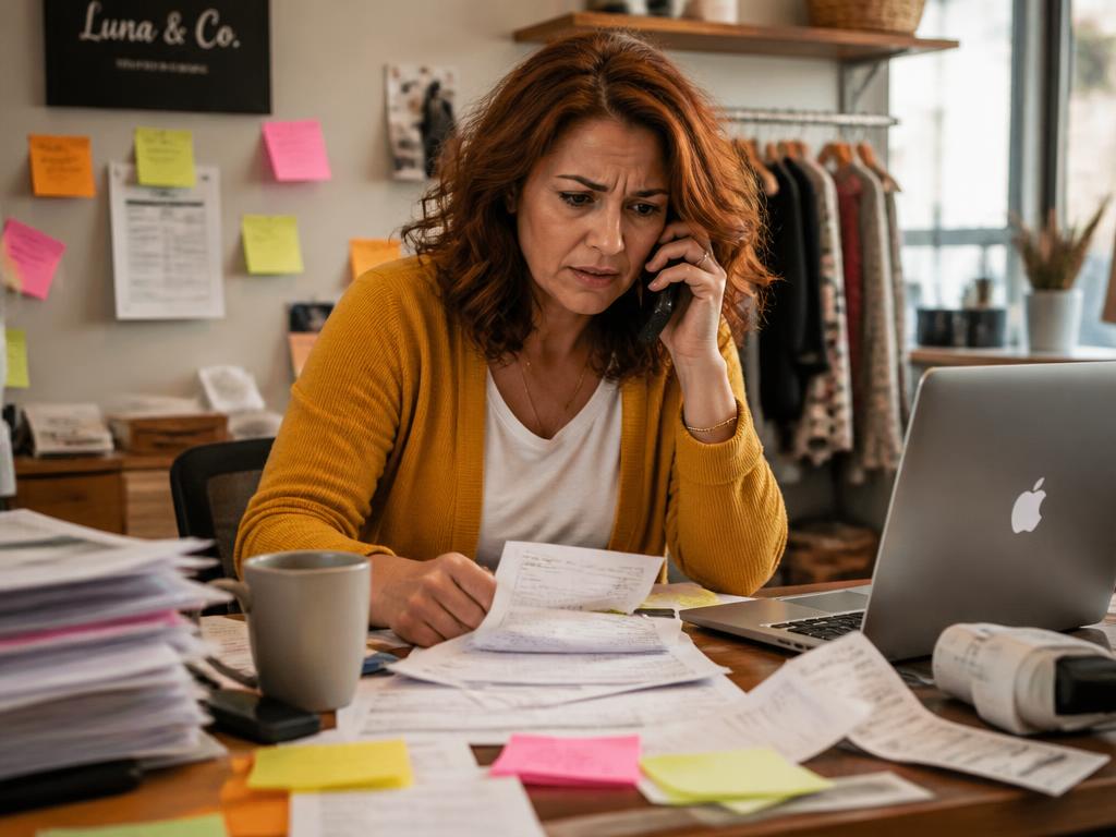 Small business owner overwhelmed at a cluttered desk